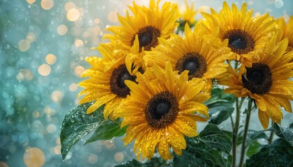 Obraz premium a close-up of vibrant yellow sunflowers covered in glistening water droplets against a soft, blurred teal background creates a luminous and refreshing floral scene.