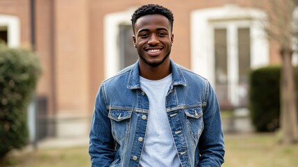 A smiling young man stands confidently at the entrance of a school building, wearing a denim jacket over a gray sweater.