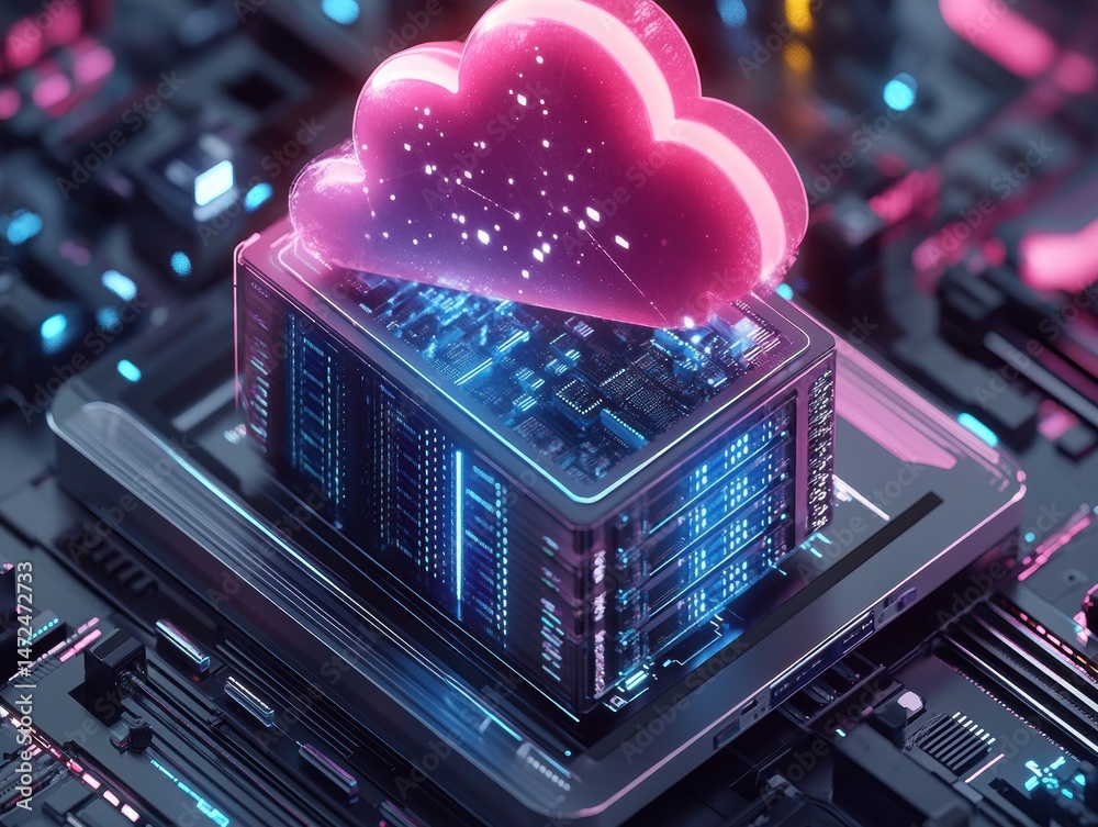 Poster Futuristic Cloud Computing Concept with Neon Elements on a Circuit Board