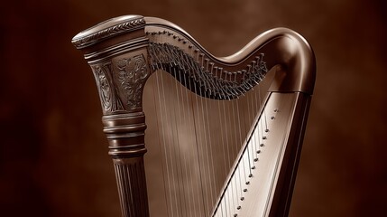 Harp of Elegance: A beautifully crafted, traditional harp stands in elegant pose, its rich mahogany wood and intricate carvings reflecting the light in a captivating display of craftsmanship.  