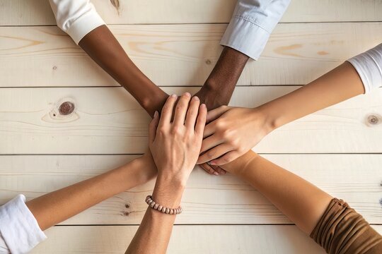 Diverse hands stacked together on wooden table