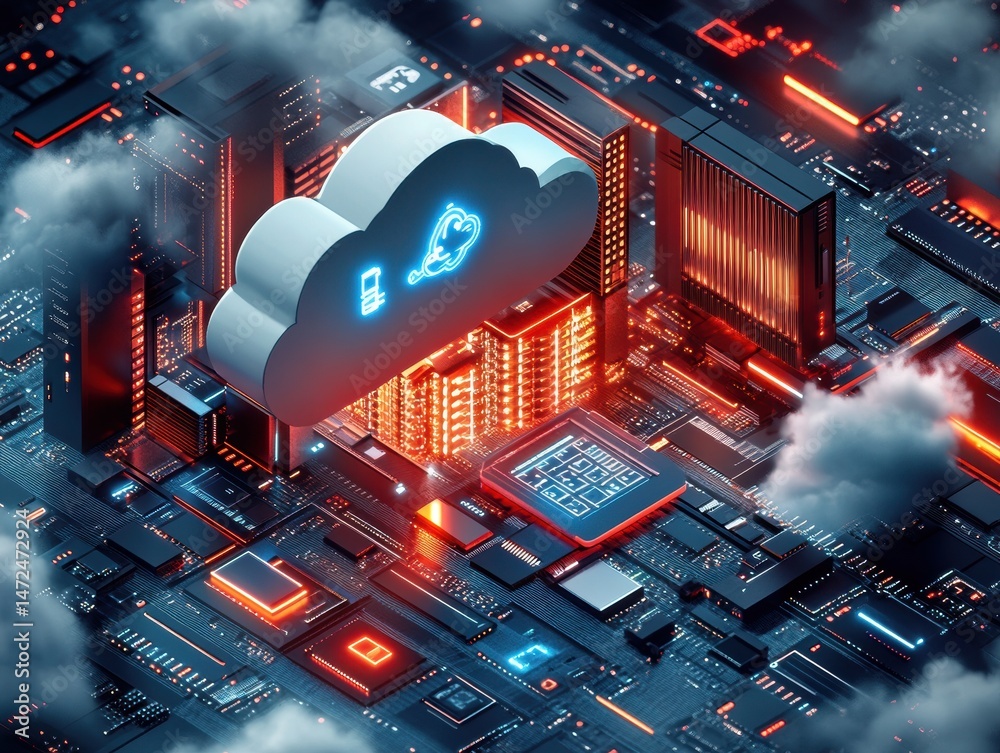 Poster Futuristic Cloud Computing Concept Over Circuit Board with Neon Lights