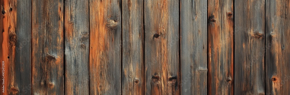 Poster rustic weathered wood planks background texture: dark gray and orange brown tones, vertical grain pa