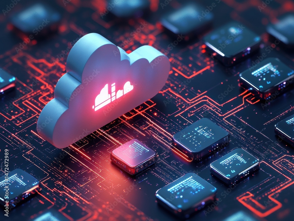 Poster Futuristic Cloud Computing Concept with Circuitry and Microchips