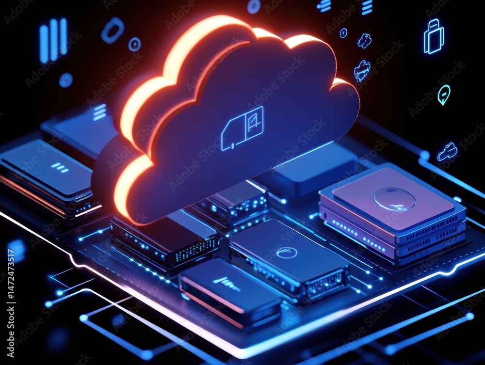 Poster Futuristic Cloud Computing Concept with Server Components and Digital Elements