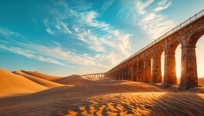a majestic stone aqueduct stretches across rolling sand dunes under a vibrant blue sky with wispy clouds at golden hour.