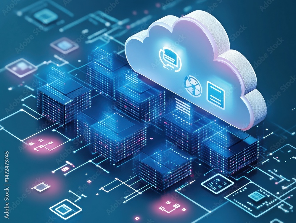 Poster Cloud Computing Concept with Data Servers and Digital Connections