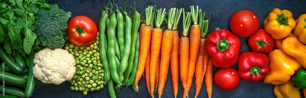 Poster vibrant assortment of fresh vegetables arranged in a colorful row on a dark background, showcasing c