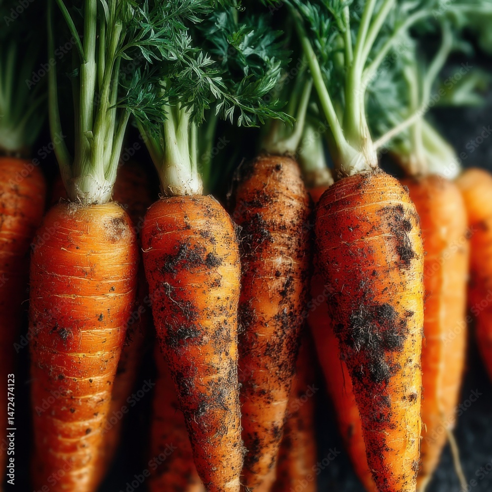Poster a close-up view of several freshly harvested carrots, still clinging to their green tops and showing