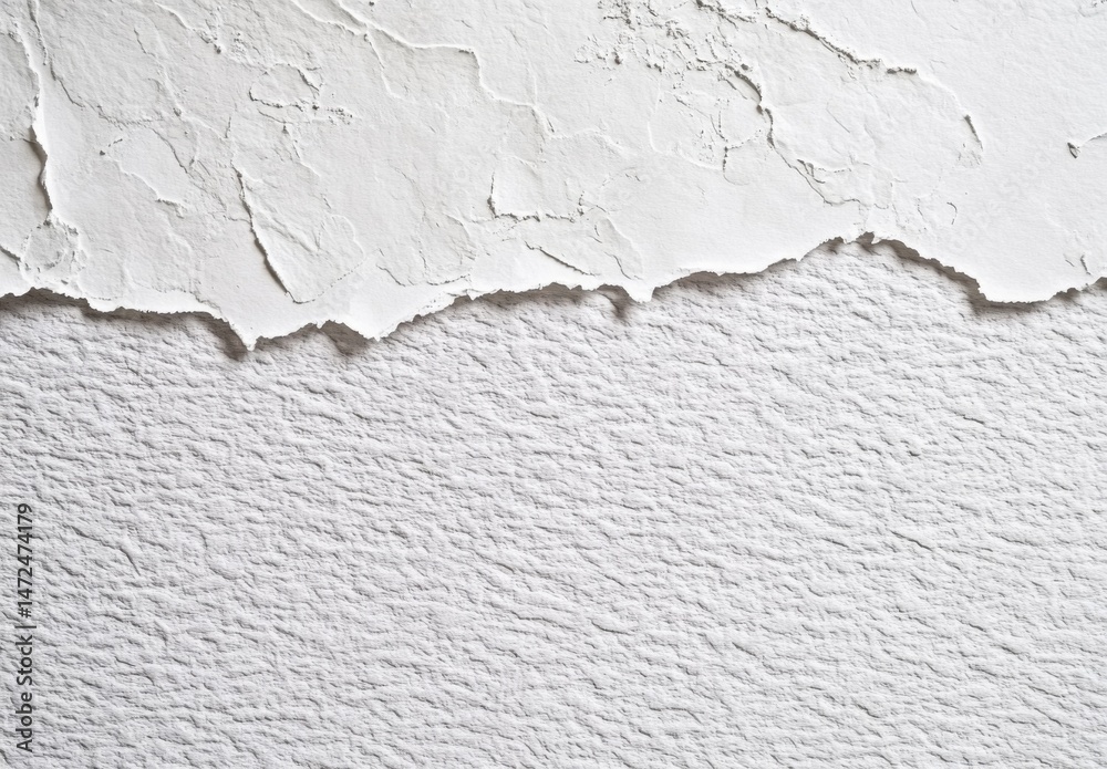 Leinwandbilder Torn white paper texture with rough, uneven edges reveals a subtly textured surface underneath, offering a dramatic contrast in surface patterns. : Generative AI