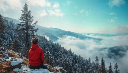 Fototapeta premium a solitary figure in a bright red hooded jacket contemplates a vast, snow-covered mountain landscape filled with a sea of clouds.