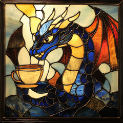 Stained glass dragon holding a cup of tea in vibrant colors  