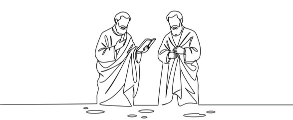 Saints in prayer with solemn expressions, minimalist line art illustration