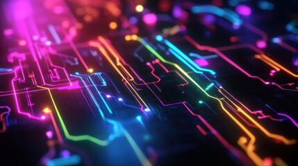 Fototapeta premium Colorful Abstract Circuit Board Design with Neon Lights and Glows