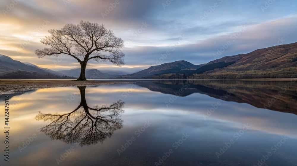 Poster solitary tree reflected in a calm loch at sunrise, with mountains in the background creating a seren