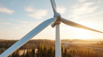 Close-up view of a wind turbine's blades against a sunlit landscape of pine forest and rolling hills at sunset, showcasing clean energy technology. : Generative AI