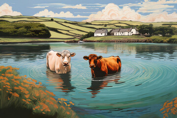 Limousin and Charolais breed cattle standing in water in Atlantic Ocean bay off coast of Ireland