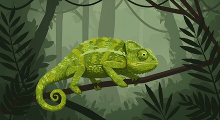 Chameleon Sitting on Branch in Lush Forest Illustration