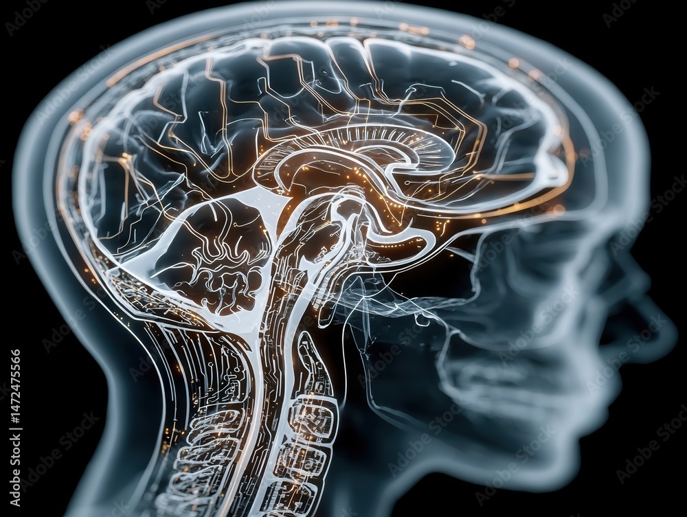 Poster detailed x-ray visualization of human brain anatomy and neural pathways