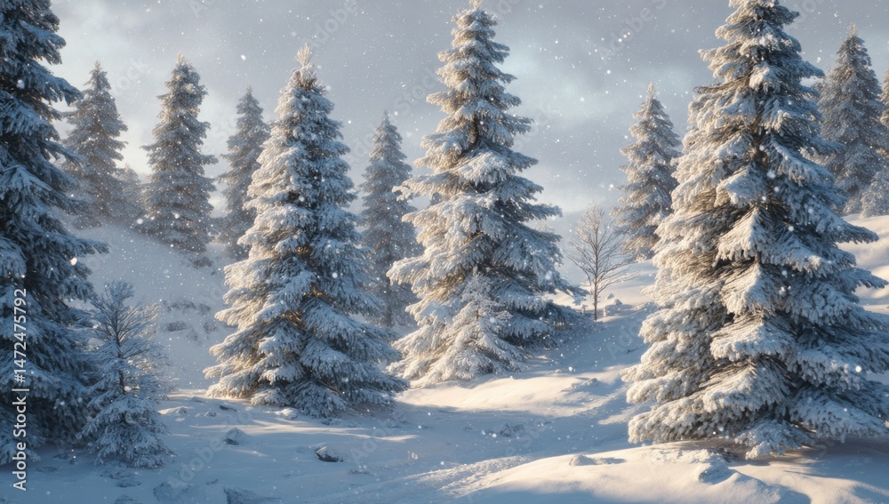 Aufkleber snow-covered pine trees in a winter wonderland, sunlight filtering through the branches, creating a 