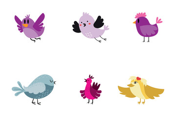 A cute set of cartoon birds, a funny vector illustration with animal and nature elements