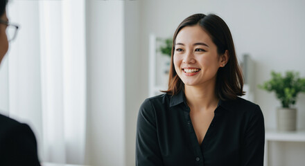 Smiling asian businesswoman in black shirt during professional conversation in bright modern office with plants. Positive communication creates welcoming atmosphere for job interviews