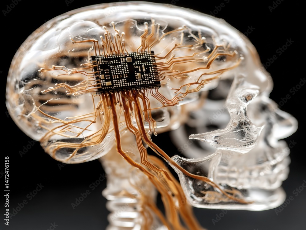 Poster Futuristic Brain with Circuitry: A Transparent Skull Featuring Intricate Microchip Connections