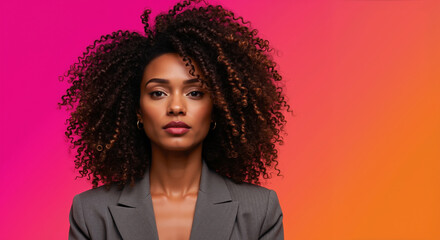 Confident African American woman with voluminous curly hair against vibrant pink and orange gradient background. Professional portrait creates strong impression for corporate leadership
