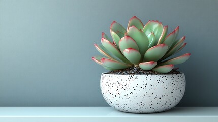 Potted succulent with red tips sits atop a shelf against a gray backdrop