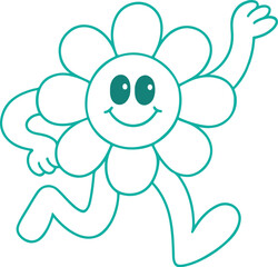 Vector in simple linear style - design templates and stickers - hippie, happy and groovy smiling character, funny sun and flowers