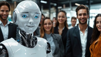 a strikingly realistic humanoid robot stands confidently among a diverse group of smiling professionals in a modern office setting, suggesting a future of collaborative human-machine partnerships.
