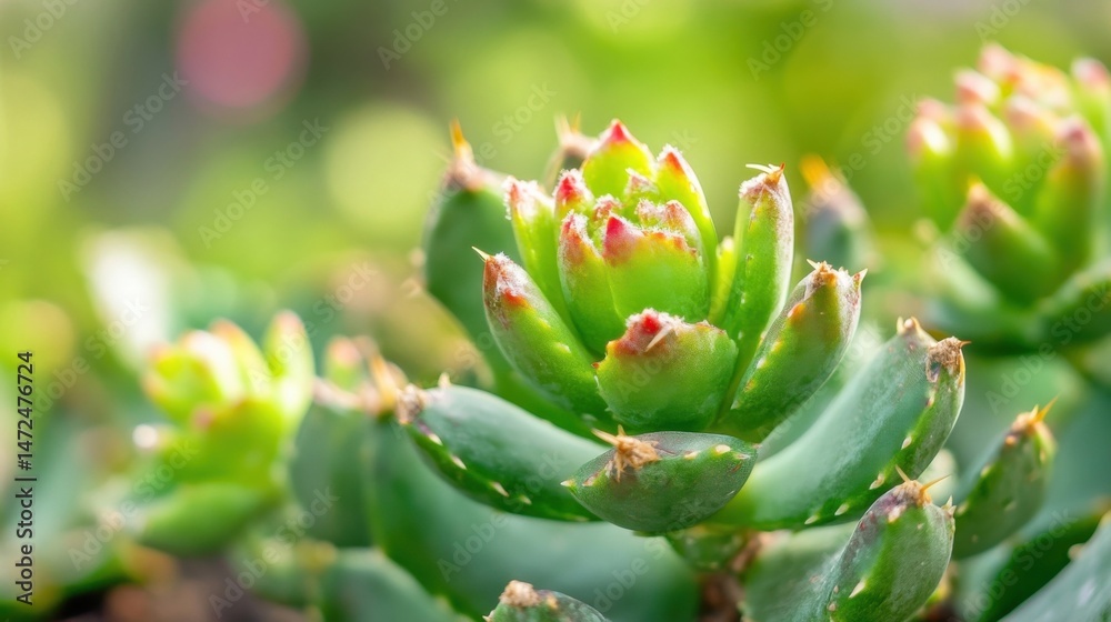 Poster close-up view of a vibrant green succulent plant, showcasing its detailed rosette structure and tiny