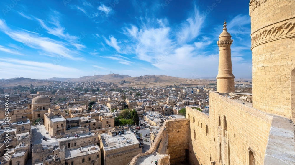 Poster a panoramic view of mardin, turkey, showcasing its ancient architecture and sprawling cityscape unde