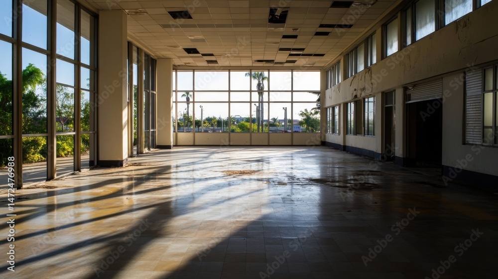 Poster sunlit interior of an abandoned building with large windows showcasing a tropical landscape, showing