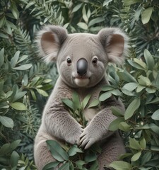 Fototapeta premium Adorable koala joey nestled amongst eucalyptus leaves in a seamless repeat pattern , background, koala joey pattern