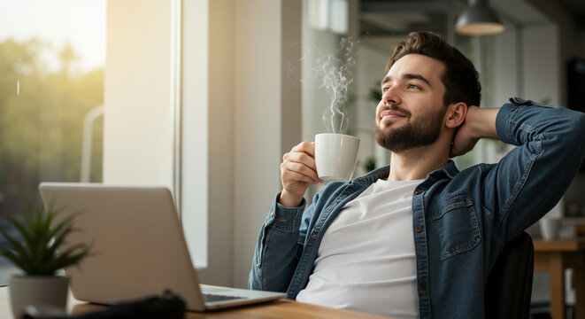Young man enjoying coffee break with steaming cup while relaxing near window in bright home office. Peaceful moment creates work-life balance and remote job satisfaction for digital nomad lifestyle