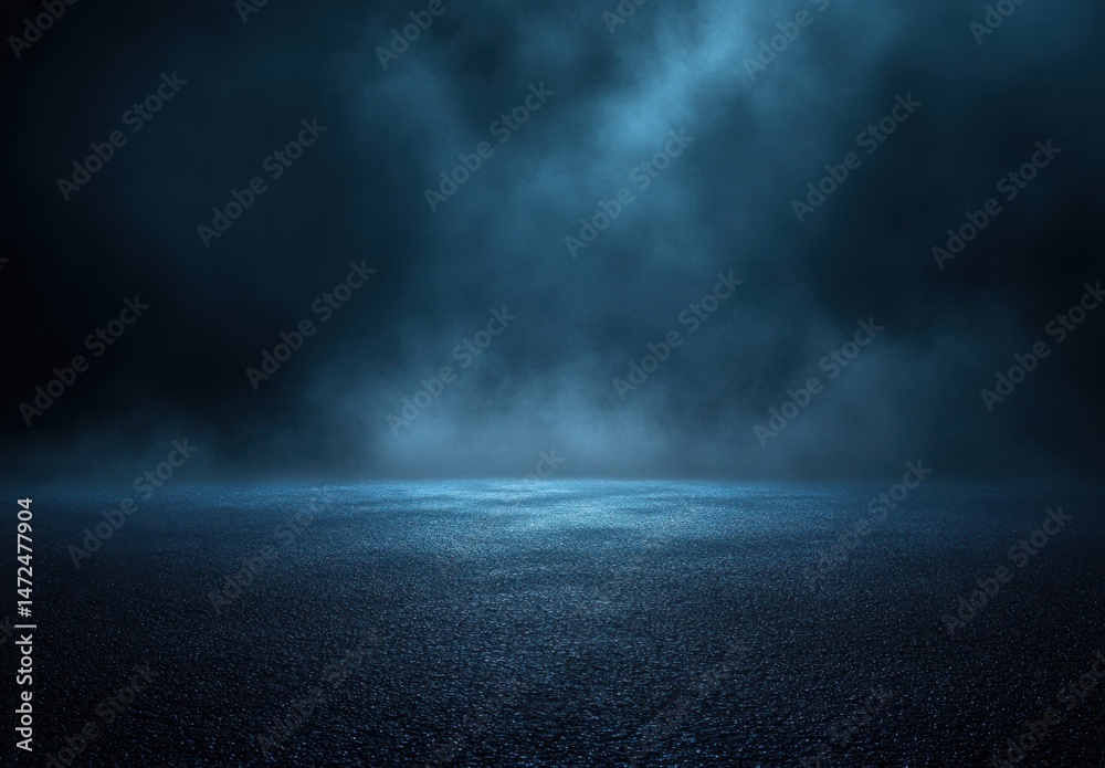 Poster Moody, dark blue night scene with a textured asphalt ground and a hazy, smoky atmosphere above, creating a mysterious and atmospheric backdrop. : Generative AI