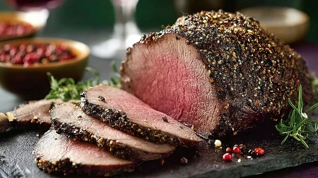 Sliced roast beef with pepper crust served on a dark stone plate.