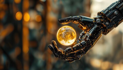a robotic hand delicately cradles a glowing orb containing a miniature moonlit landscape within a blurred, warm-toned background.