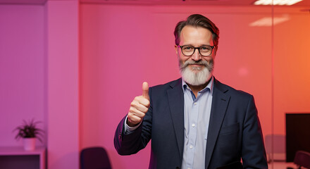 Smiling senior businessman with white beard giving thumbs up in modern office with pink lighting. Positive approval gesture conveys success and satisfaction for business achievement