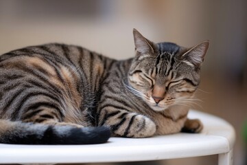 A relaxed tabby cat with closed eyes rests comfortably on a white surface.