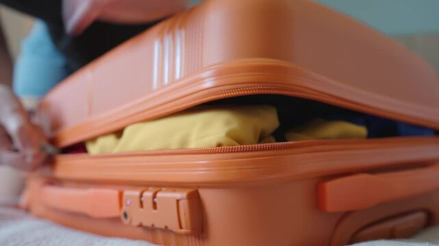 Woman presses down on an overfilled orange suitcase while packing clothes. Female traveler has trouble while preparing for travel