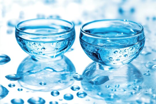Clear glass bowls filled with water; droplets on surface
