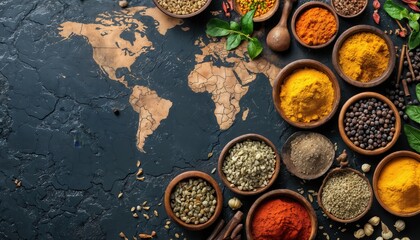 a vibrant array of colorful spices and seeds surrounds a world map on a dark, textured background, representing global flavors and culinary diversity.