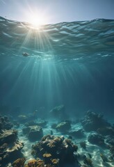 Fototapeta premium Sunlit ocean surface reveals vibrant underwater scene, gentle waves , waves, ocean surface, peaceful