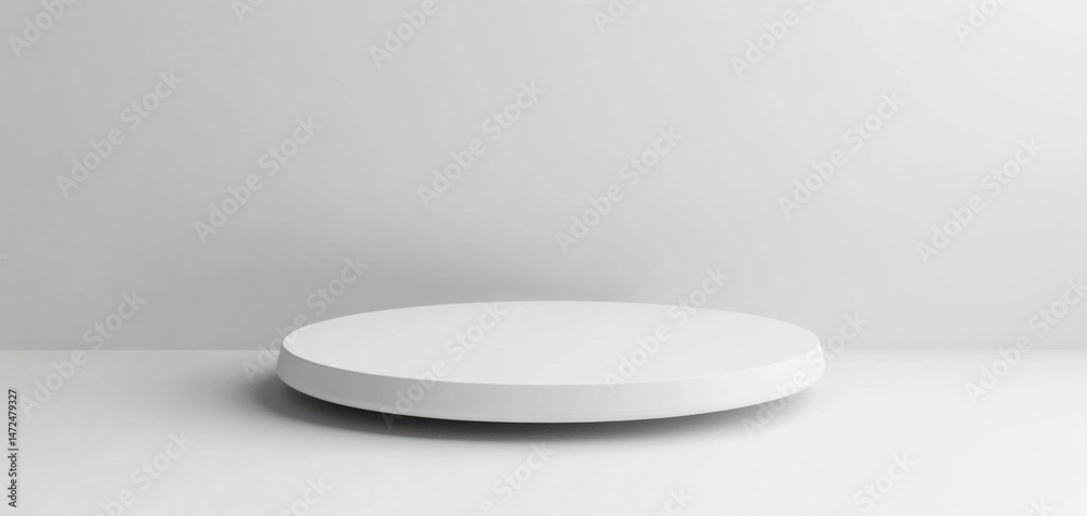 Poster a minimalist, round, white platform sits on a white surface against a plain white wall, offering a c