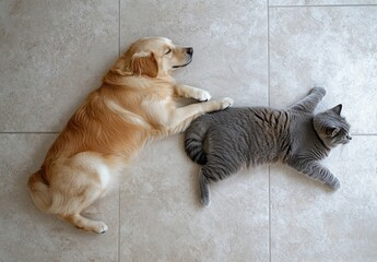 Golden retriever dog and grey british shorthair cat relaxing together on a beige tiled floor, viewed from above. : Generative AI