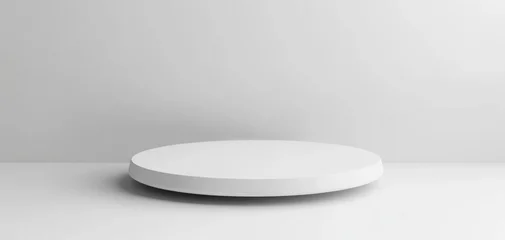 Vitrage gordijnen A minimalist, round, white platform sits on a white surface against a plain white wall, offering a clean, simple display space for product placement or design presentations. : Generative AI © Generative AI