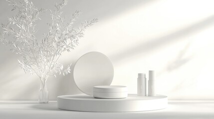 Minimalist white product display with cylindrical podium, cream jar, tubes, and delicate white branches in a glass vase, bathed in soft sunlight. : Generative AI