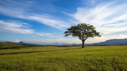 Fototapeta premium Solitary tree stands in a vast grassy field under a bright blue sky, mountains in the distance creating a serene landscape. : Generative AI